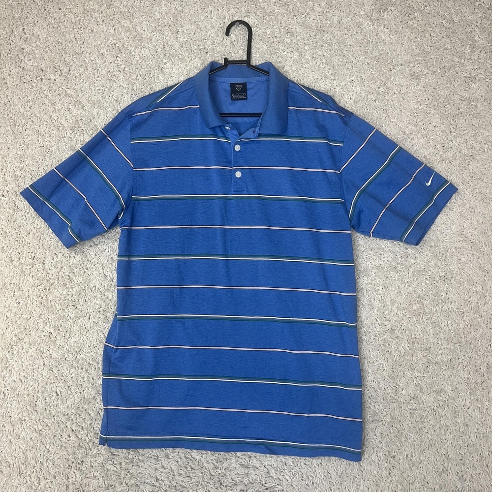 Nike Polo Shirt Mens Large Blue Striped Golf Performance Cotton Swoosh Logo